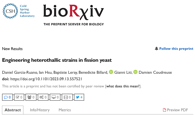 I'm thrilled to share our new preprint reporting a valuable tool for the fission yeast community (<a href="/PomBase/">S. pombe model organism knowledgebase</a> <a href="/PombeSlack/">PombeSlack</a> ) interested in natural isolates:

Gene editing to obtain isogenic heterothallic strains ✂️🧬🍺🦠

biorxiv.org/content/10.110…