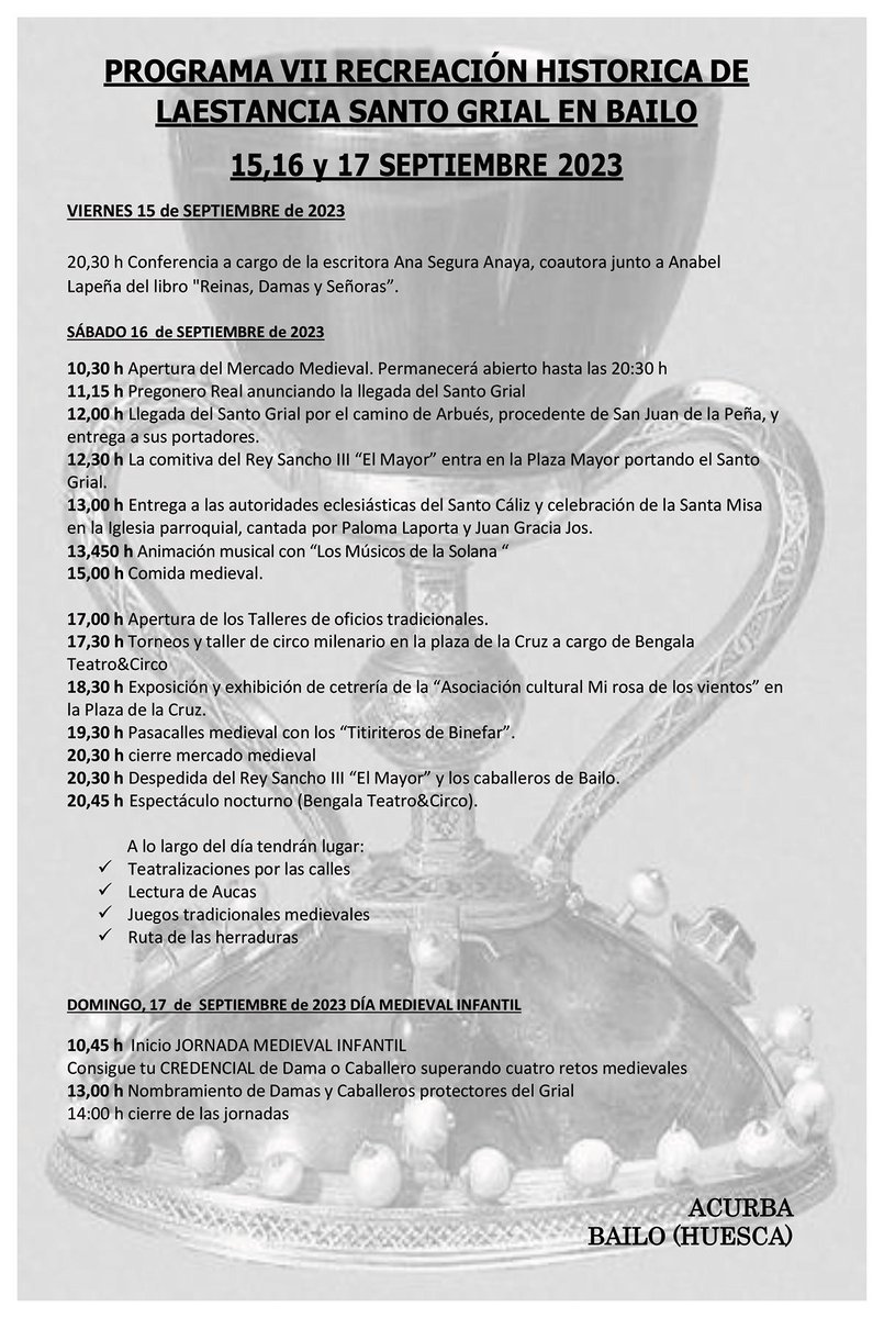 aragonturismo's tweet photo. El Santo Grial vuelve a Bailo
Bailo celebrará este finde  su recreación histórica que recuerda el paso del Santo Grial en el siglo XI, procedente de San Adrián de Sasabe (Borau) y San Juan de la Peña. https://t.co/4VnVSUL4R1