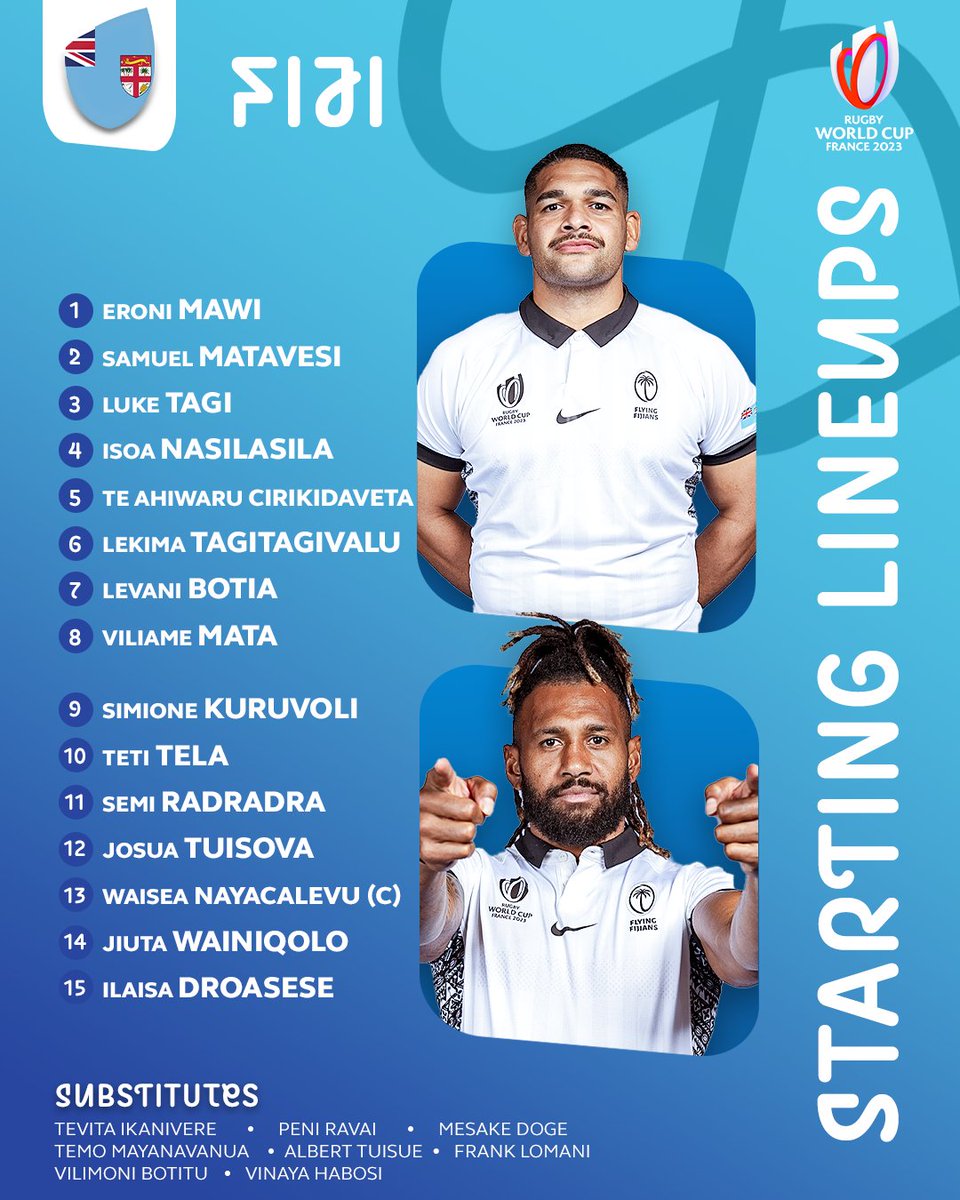 Introducing the Fiji team who will take on Australia in Saint-Étienne 💥

#RWC2023 | #AUSvFIJ | <a href="/fijirugby/">Fiji Rugby Union</a>