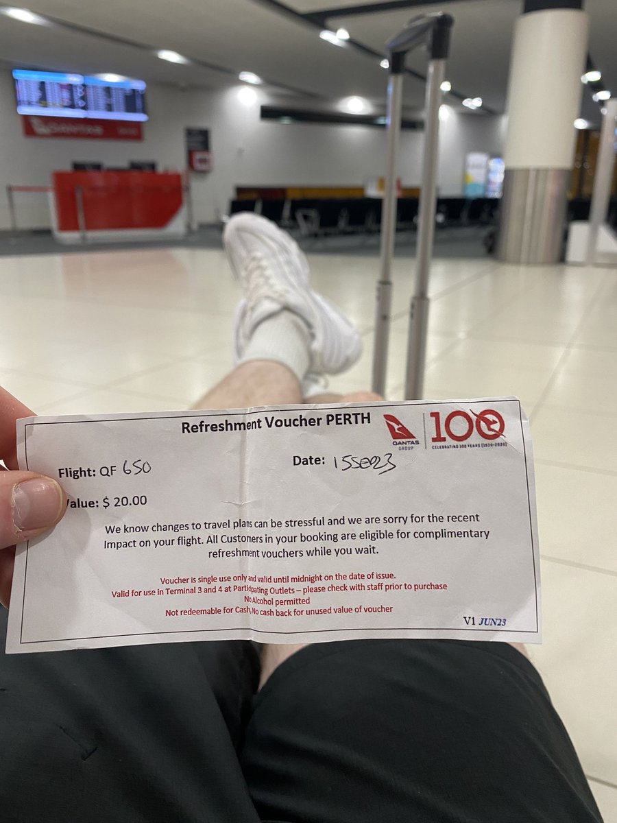 joe_kivlehan's tweet photo. Flight from Perth to Sydney cancelled and rescheduled for 9 hours after the original time. Kindly gifted a $20 food voucher to make up for the inconvenience. Just enough to afford the soup of the day. Patrons left with scuppered plans and major disruptions. @Qantas sort it out https://t.co/kFFYMX2anp