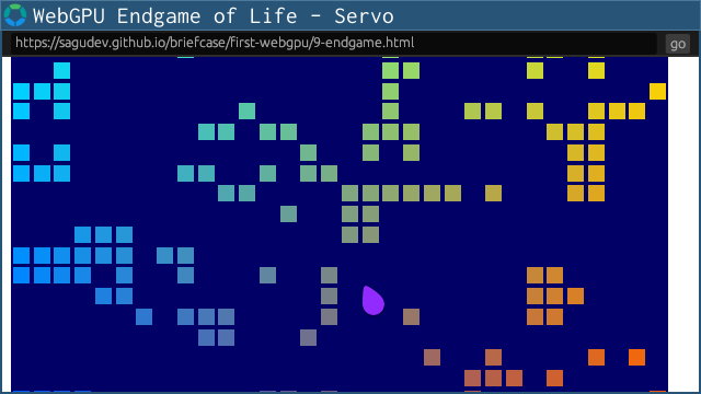 WebGPU game of life, showing a 32x32 grid where the living cells are shaded with a rainbow texture