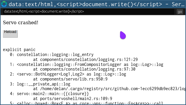 Servo’s new crash error page, showing a fake panic!() inserted at the start of Document::Write