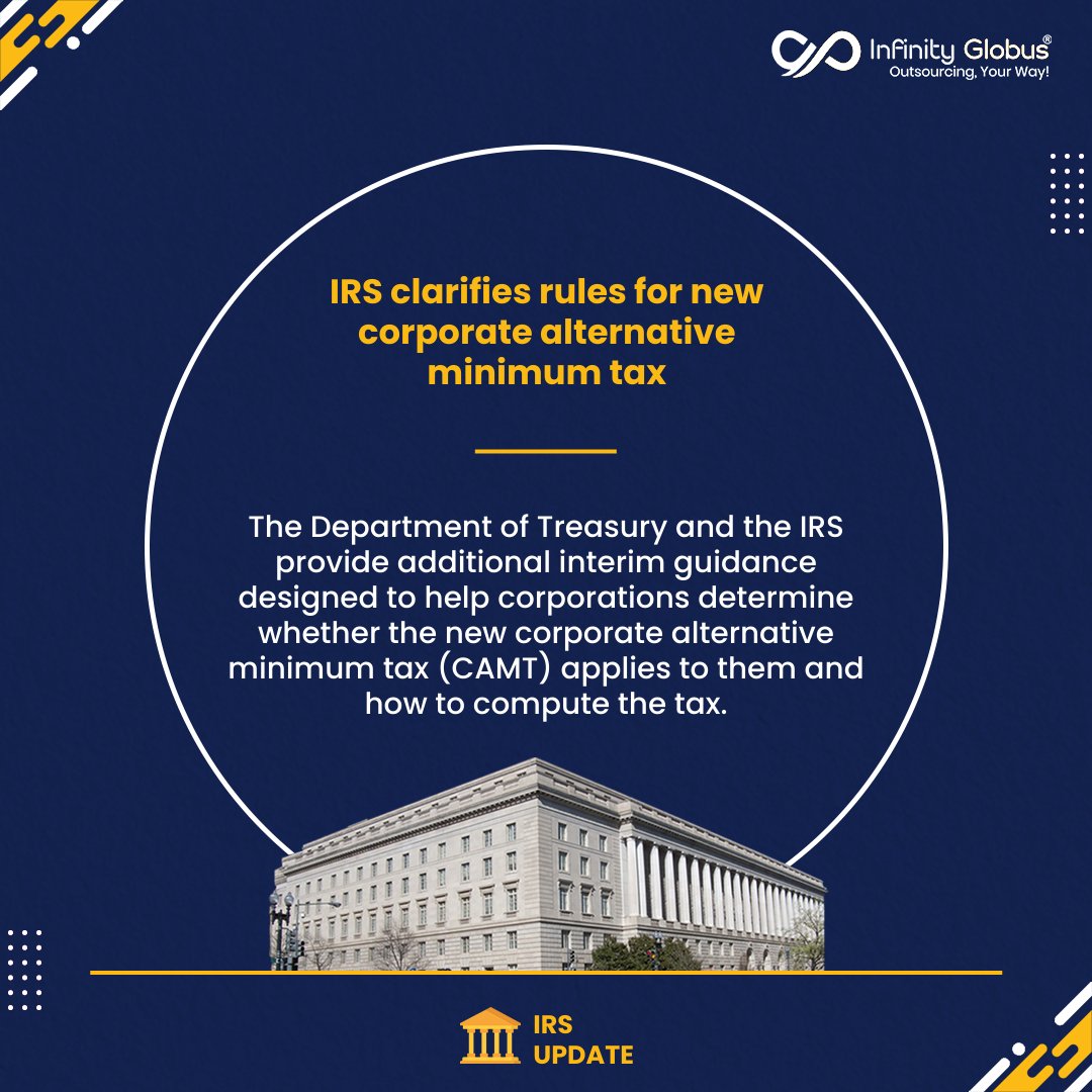 IRS clarifies rules for new corporate alternative minimum tax

Read more: IRS clarifies rules for new corporate alternative minimum tax | Internal Revenue Service

#irs #irsupdates #irsnews #cpa #cpafirm #accountingfirm #OutsourcingYourWay #InfinityGlobus
