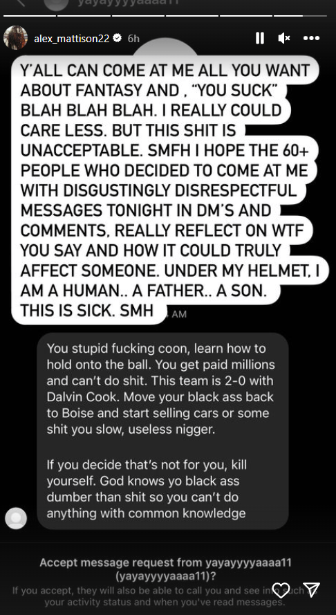 This is truly disgusting and shameful. After the #Eagles game, #Vikings RB Alexander Mattison was called the N-word, was told he should commit suicide and was told a number of other racist terms in his DMs by 'fans', he shared on Instagram. This is what some athletes face every…