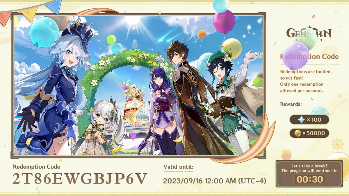 GenshinImpact's tweet photo. #GenshinImpact Special Program Redemption Codes

Travelers, here are the redemption codes for this Special Program!
Primogems ×100 + Mystic Enhancement Ore ×10 "FB8PFFHT364M"
Primogems ×100 + Hero's Wit ×5 "JS96FEZS3P59"
Primogems ×100 + Mora ×50,000 "2T86EWGBJP6V"

The redemption codes are valid until September 16, 2023 00:00 (UTC-4), redeem them in-game or click the link below:
https://t.co/De9pbTdQT7