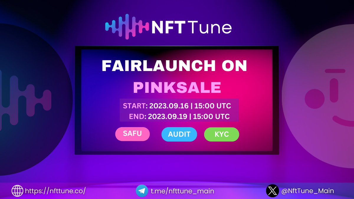 NftTune_Main's tweet image. 📢 Exciting News! The much-awaited NFT Tune presale is set for Sep 16th at 3pm UTC on @pinkecosystem ! 🎉The presale will run for 72 hours.⏰ Get ready for this exciting event! 🚀

🌐 Presale Link: pinksale.finance/launchpad/0xf4…

#music #nft #crypto #bsc