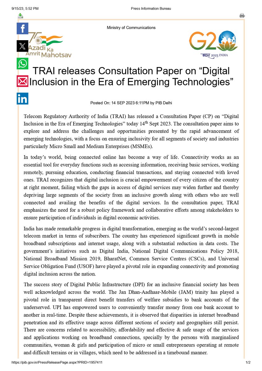 NBM_DoT's tweet photo. #TelecomUpdate | #TelecomInNews | @TRAI has released a Consultation Paper (CP) on “Digital Inclusion in the Era of Emerging Technologies”, which aims to explore and address the challenges and opportunities presented by the rapid advancement of emerging technologies... (1/2) https://t.co/GjL7x09Te8