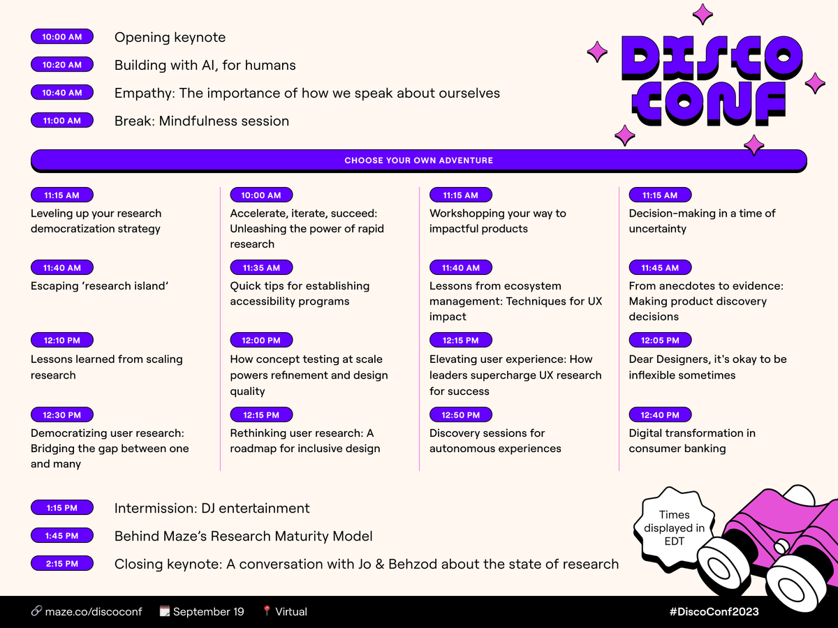 mazedesignHQ's tweet photo. With a four-track agenda covering everything from leadership to research methods and AI, there’s more than enough to whet your appetite at #DiscoConf23 🤓
🔖 Bookmark this post to plan your day https://t.co/TNPxwRT1GF