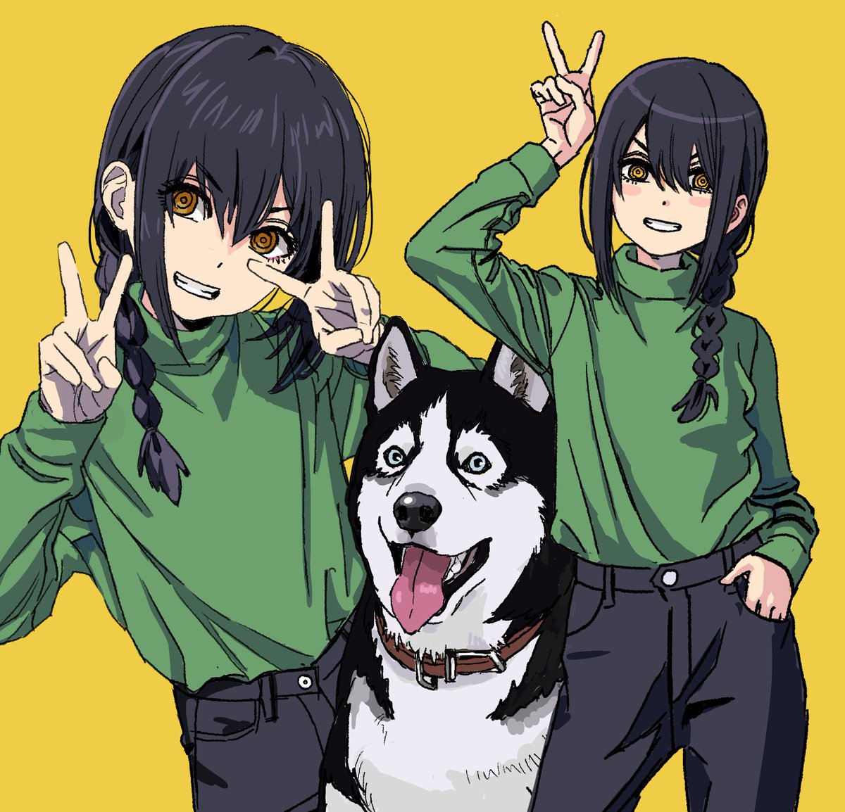 v braid dog smile ringed eyes black hair simple background  illustration images