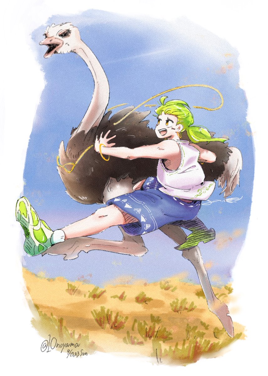 TOCO72's tweet image. いきものとヒトの暮らし1
#イラスト 
#オリジナルキャラクター
#ダチョウ