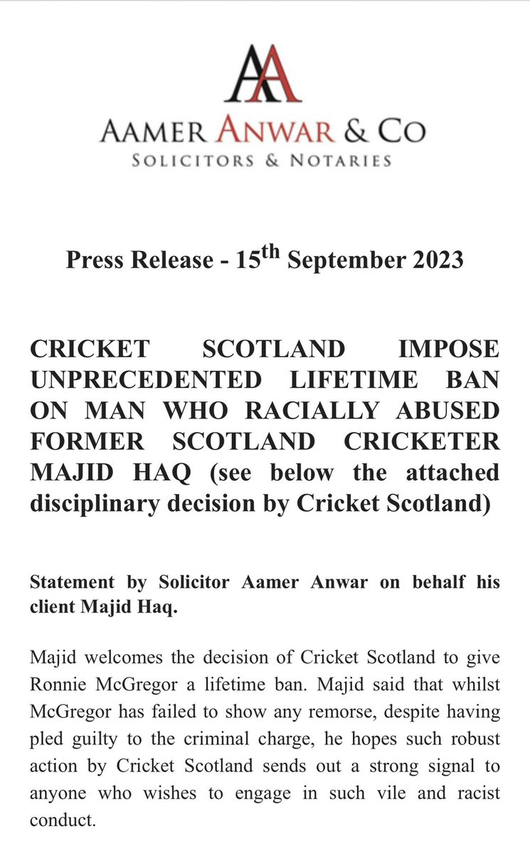 AamerAnwar's tweet photo. 🧵 1/2-Following the racist abuse of @MajidHaq  at Greenock Cricket Club by Ronnie McGregor, the disciplinary panel  @CricketScotland imposes a lifetime ban- he failed to show any remorse, despite having pled guilty to the criminal charge👇 https://t.co/Xoiy01bZAP