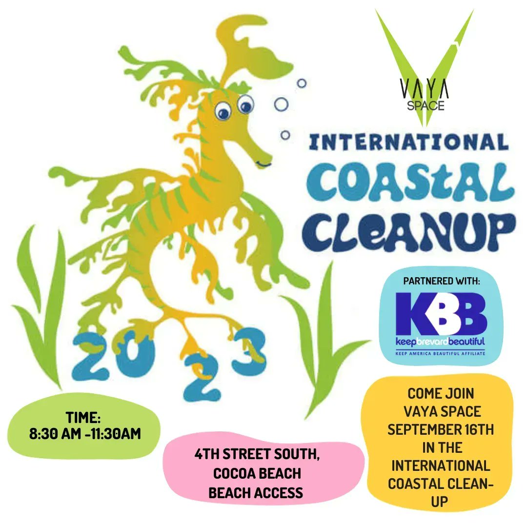 Come Join Vaya Space Tomorrow, Saturday September 16th for the International Coastal Clean-up!

We will be at the beach access on 4th Street South, Cocoa Beach from 8:30am-11:30am!

We hope to see you there!

#VayaSpace #InternationalCoastalCleanUp #BeachCleanup #SeatheChange