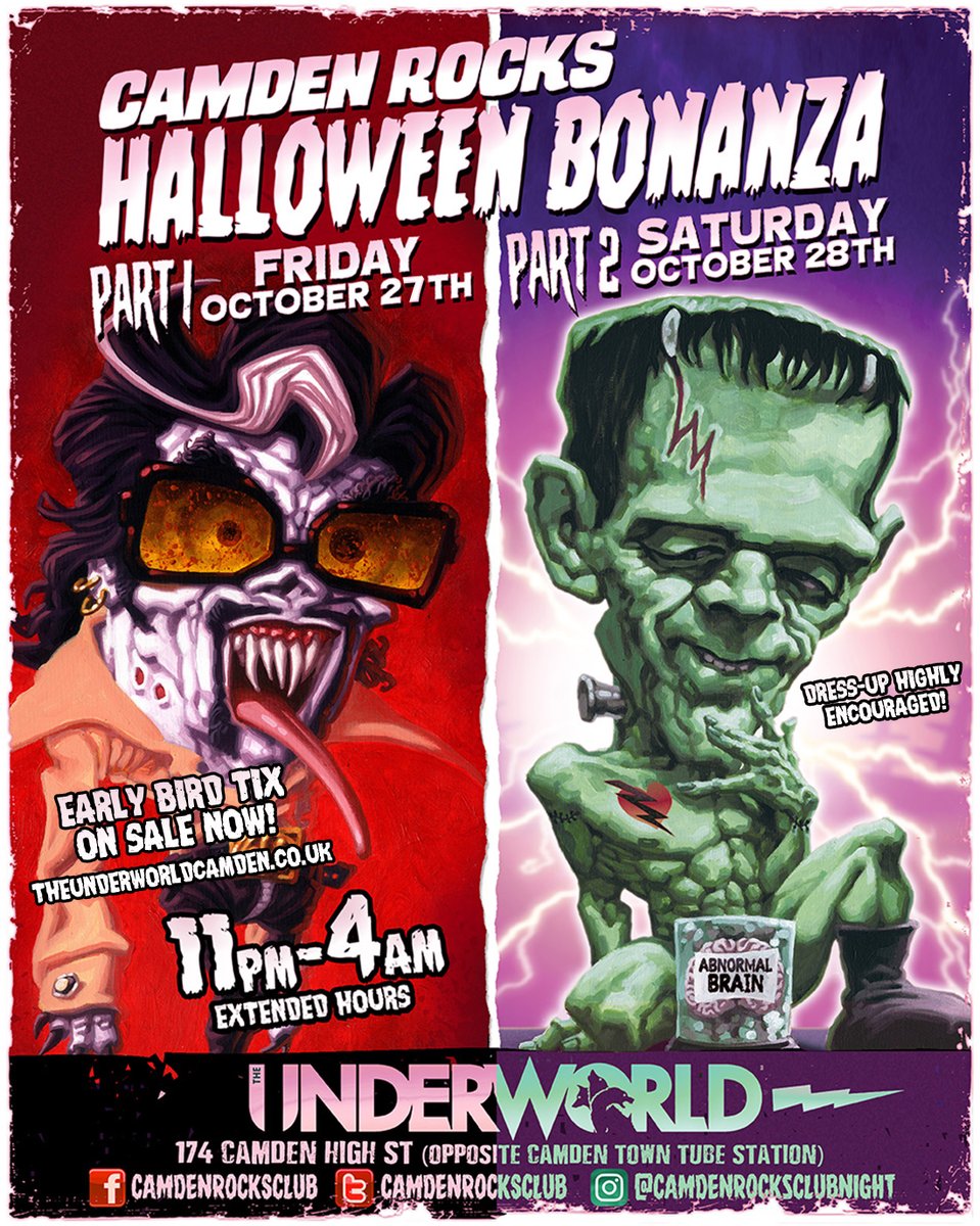 CamdenRocksFest's tweet photo. ON SALE NOW! 🎃 Descend down into @TheUnderworld for our annual, haunted, SELL OUT #Halloween bonanza 🦇 2 nights, extended hours, rock icons over electronics with costumes highly encouraged.

Early Bird tix are limited, tell ya mates, and GET YOURS ➡️ https://t.co/sVLHJQegt4 https://t.co/rdT5sHEw8E