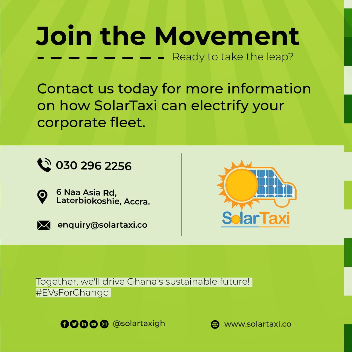 Did you know that 80% of Ghana’s Corporate Leaders believe that EVs are viable options for corporate fleets in Ghana?

Make The Switch  and Go Electric today!!

.
.
. 

#solartaxi #solartaxigh #ev #ecofriendly #gogreen