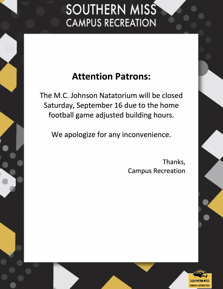 somisscampusrec's tweet photo. There's a wave of green rolling in Saturday that will keep the pool closed for the day. Nothing to worry about. The football team should have it tamped out for a reopening on Sunday for lap swim from 2-5. #USMCampusRec #USMRecLife #GoldenEagleFootball #GameDayWeekend #SMTTT https://t.co/sFDOU2lZDW