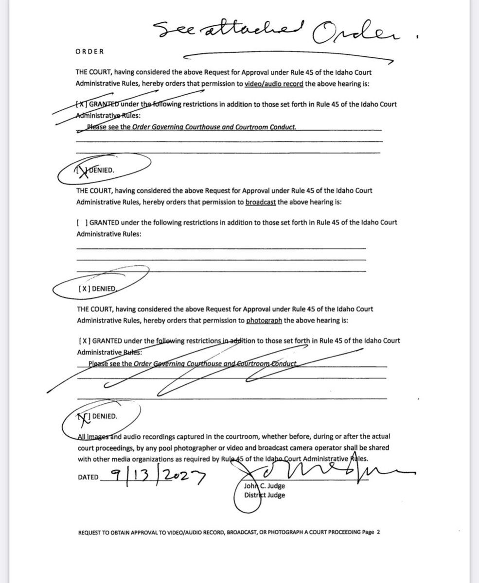TheCrimeDiva2's tweet photo. #BryanKohberger Cameras denied. ๐๐ตโ๐ซ #Idaho4 #TrueCrime #MotionDenied โ๏ธ๐จ๐ปโโ๏ธ https://t.co/kUsxAU7YRh