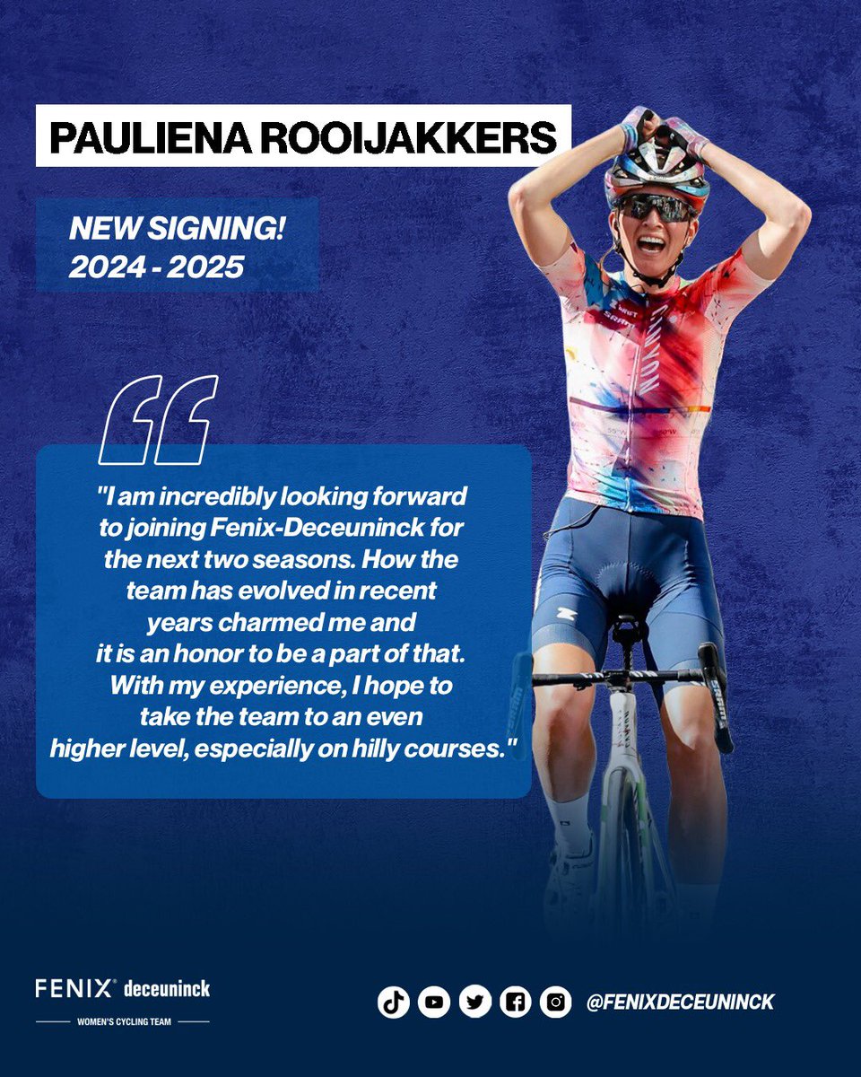 Fenix-Deceuninck is strengthening for the next two years with <a href="/PaulienaR/">Pauliena Rooijakkers</a> (30). The Dutch rider signed an agreement until the end of 2025.

Find more info on our official Instagram account instagram.com/p/CxNmdiRMg1z/

Welcome Pauliena!

#fenixdeceuninck