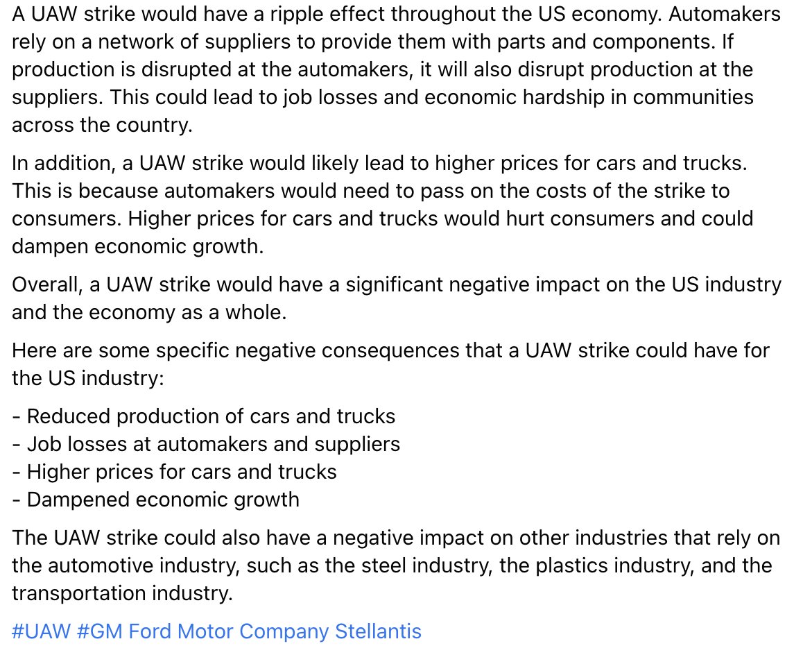prbayram's tweet photo. A UAW strike would have a ripple effect throughout the US economy. Automakers rely on a network of suppliers to provide them with parts and components. If production is disrupted at the automakers, it will also disrupt production at the suppliers. 
@UAW @GM @Ford @Stellantis https://t.co/bo316a903n