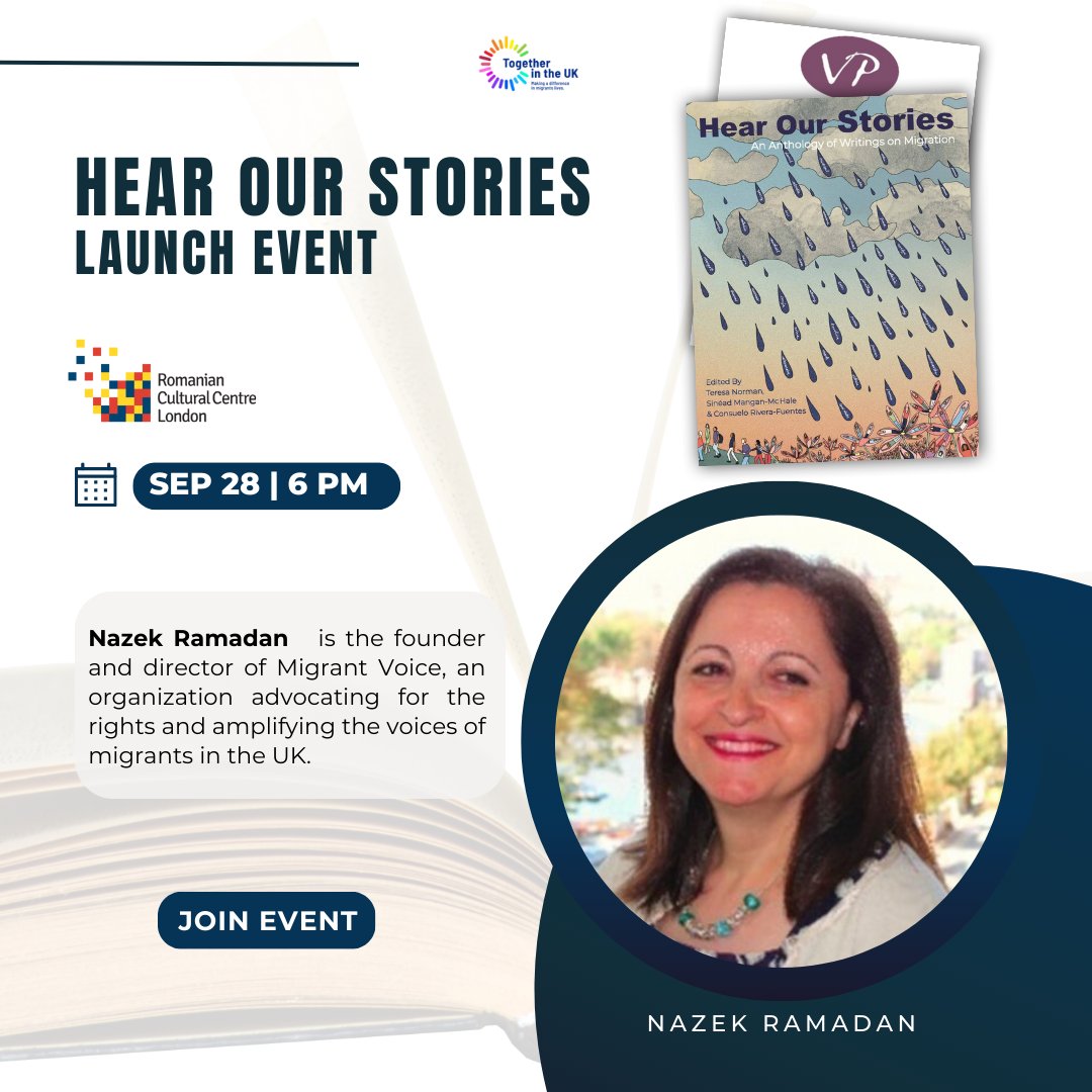TogetherintheUk's tweet image. buff.ly/3qxC1ym
Delighted that @NazekRamadan, Director at @MigrantVoiceUK, will be a panellist #booklaunch on Sep 28th. Save the date! Join us alongside @alexandrabulat, @jdportes, @AdinaMaglan and meet the authors. Co-hosted by TGIUK @VictorinaPress . #HOS #Migration