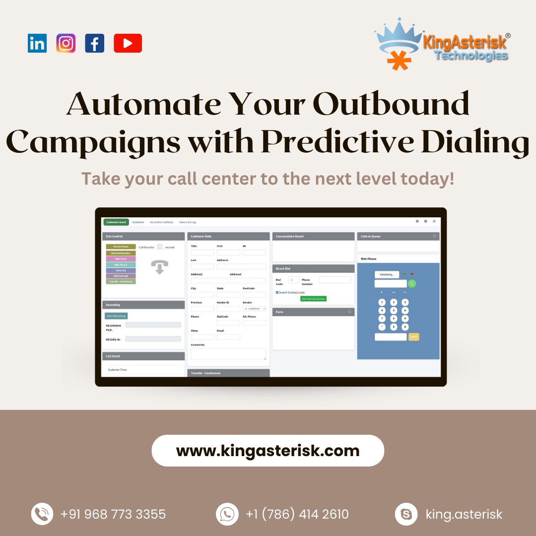 KingAsterisk's tweet image. 🚀 KingAsterisk Technologies - Your Call Center Solution
Visit our website today: kingasterisk.com

📞 Contact us now:

📱 +91 968 773 3355
📱 +1 (786) 414 2610

#KingAsterisk #CallCenterSolution #PredictiveDialing #OutboundCampaigns #Automation #BoostProductivity