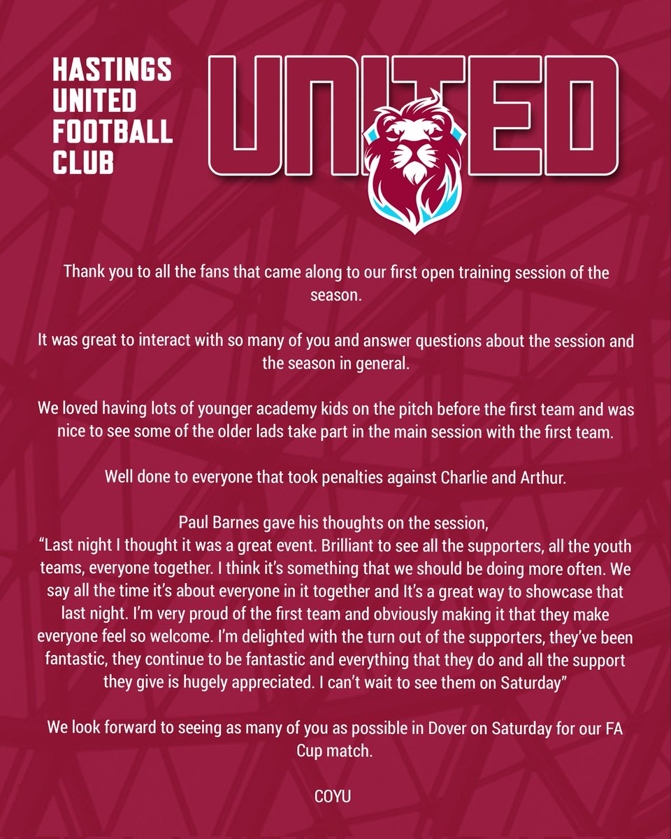 hastingsufc's tweet photo. ๐ง๐ข๐๐๐ง๐๐๐ฅ ๐๐ฆ ๐ข๐ก๐
Thank you to everyone who came along to our first Open Training Session of the season โค๏ธ
#COYU
#OpenTrainingSession
#NewEra https://t.co/R9JtJC72iY