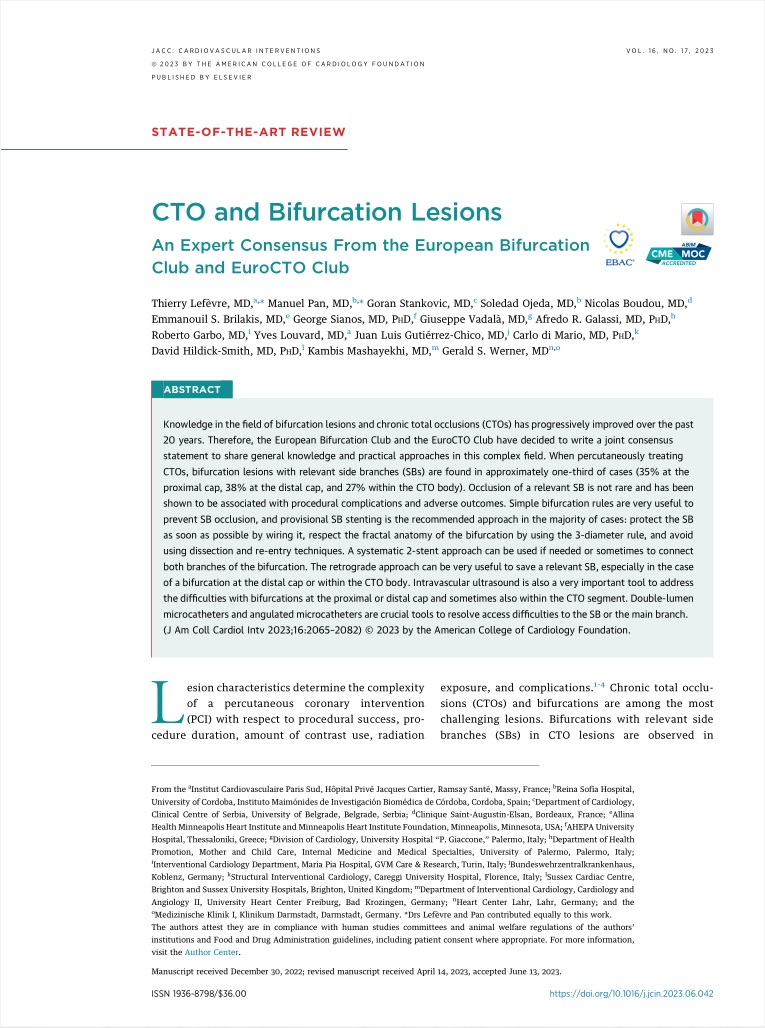 A new EBC consensus document on CTO and bifurcation lesions has been published. Read the abstract and get more information on the EBC website. bifurc.eu/latest-consens… #EBC2023 #bifurcation #CardioTwitter #cardiology @CtoEuro @DrthierryL @GoranEBC @MPAOSS @esbrilakis @Ryvetsprog