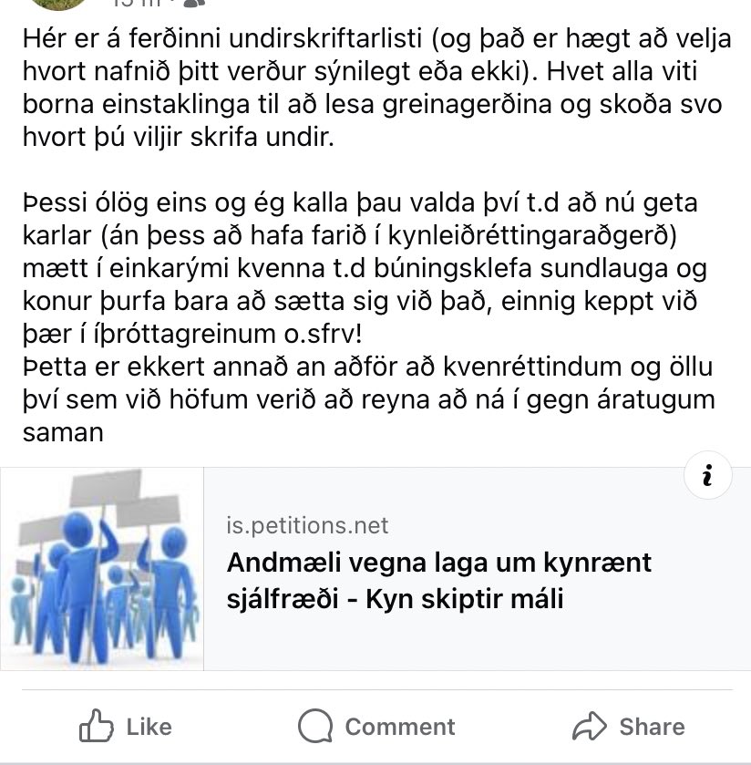 Það er fátt sem gerir mig jafn reiða og þetta take að trans konur séu karlar sem séu í breytingarferli til að beita konur ofbeldi. KANNSKI ÁHERSLAN ÆTTI FREKAR AÐ VERA Á KÖRLUM SEM BEITA OFBELDI ALMENNT OG TAKA Á ÞVÍ. Taka höfuðið út úr rassgatinu og fræðast takk.