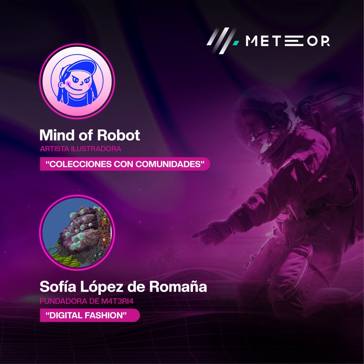 CriptoCuriosas's tweet photo. 👉🏼 HOY en LIMA junto a @themeteor_io no te puedes perder: ✨Casos de éxitos de artistas en el mundo de los NFTs✨

💜 De 6:00 a 8:30 pm 
💜 WeWork Larco, Miraflores 

Estaremos escuchando a @mindofrobot la genia detrás de nuestra colección Diosas del Caos 💖🚀 https://t.co/BlozDZL9DJ