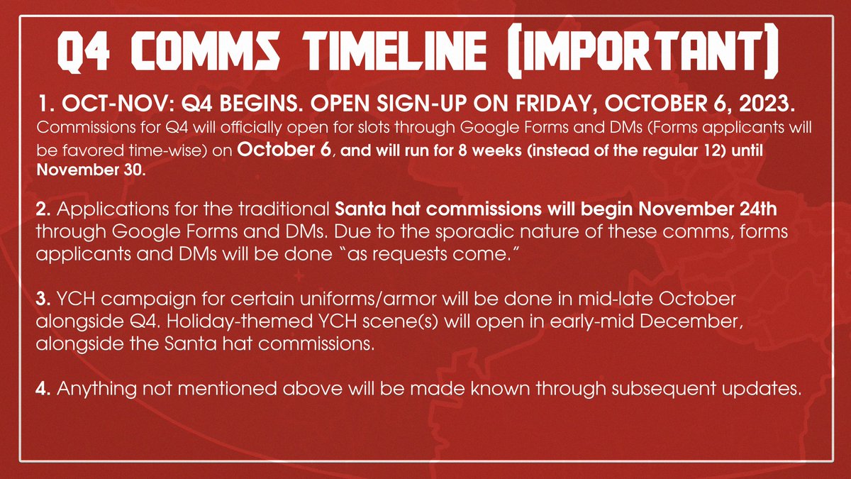 Infurnationale's tweet photo. COMMISSIONS UPDATE FOR QUARTER 4, 2023

Some important details:

-Q4 SLOTS OPEN FRIDAY, OCTOBER 6

-Santa hat comms are back starting November 24!

-Limited-run YCH slots will be opening sometime in October, and December. 

-Ref sheets offered still in Q4! https://t.co/jWyCfwQUad