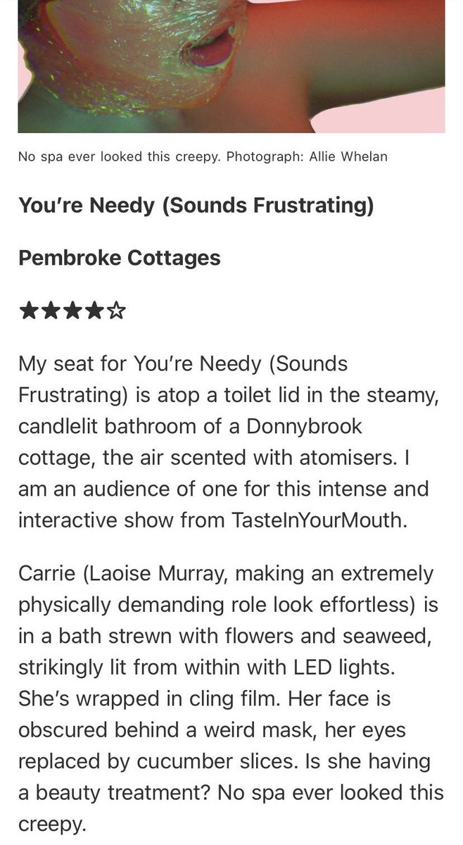 tasteinyour's tweet photo. Delighted with our ⭐️⭐️⭐️⭐️ review today in @IrishTimes 

Huge huge thanks to our AMAZING team and @dublinfringe for allowing our tiny bath show to finally be birthed! https://t.co/dDk1IJ4CkJ