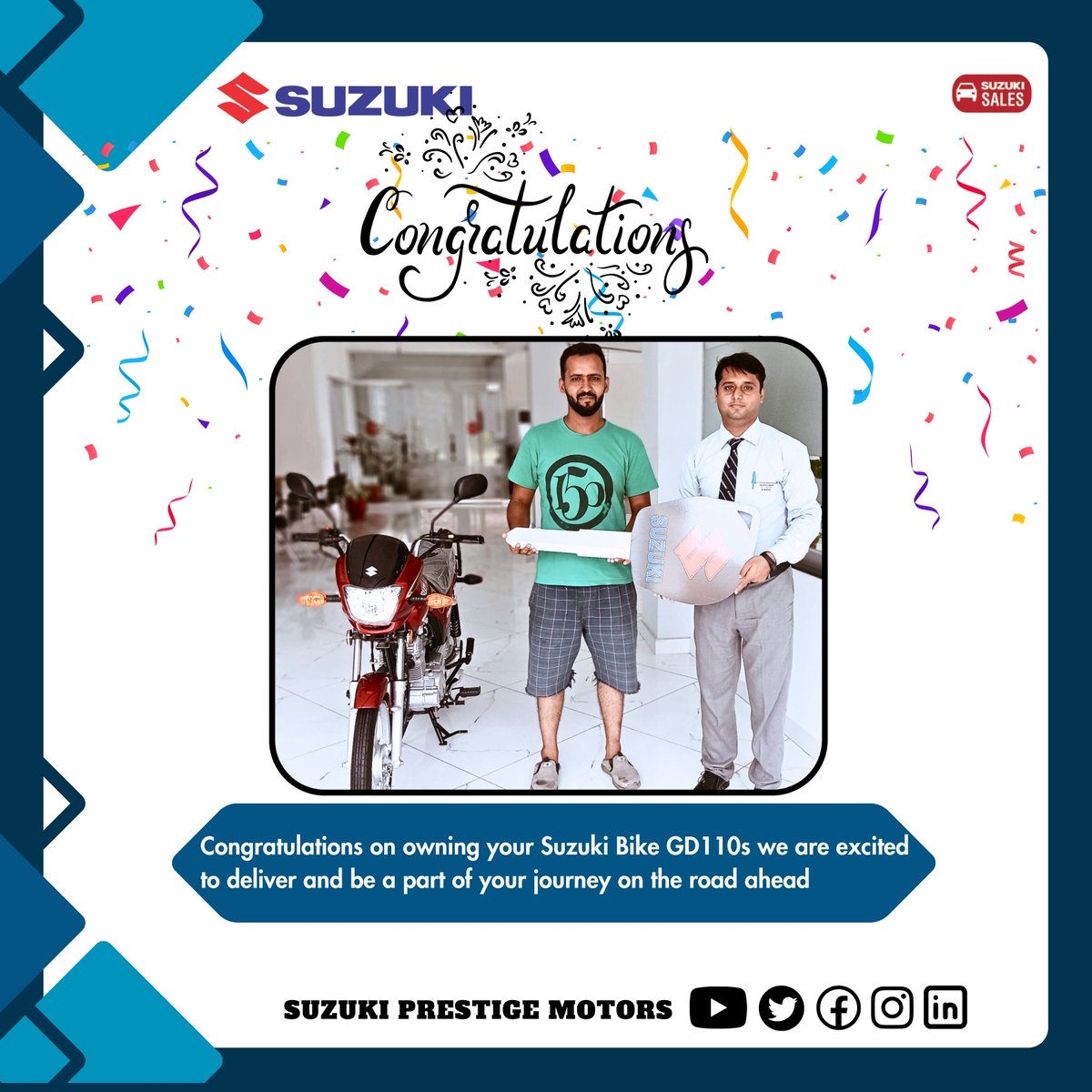 SuzukiPrestige's tweet photo. Congratulations on buying Suzuki GD110s from Suzuki Prestige Motors also congratulations on becoming the part of suzuki family
#suzukiprestigemotors #suzuki #PakSuzuki #Pakistan #car #cardelivery #sale #likeforlikes #share #followers #comment #bikelife #biker #SuzukiBikes #GD110 https://t.co/xFkJOCwZJe
