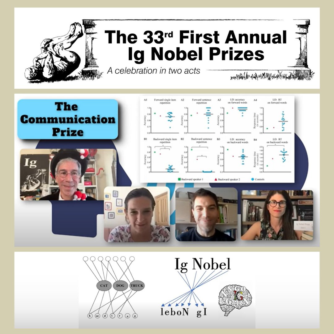 AdolfoMGarcia's tweet photo. Our study on backward speech received an @IgNobel prize! Congrats to @MJTorresPrioris, @DianaLopBarr, Estela Càmara, @SolFittipaldi, Lucas Sedeño, @AgustinMIbanez , and @MLBerthier.  We received the award from Nobel laureate Esther Duflo. https://t.co/SVCS1TuLmf https://t.co/8zEZubz8GI