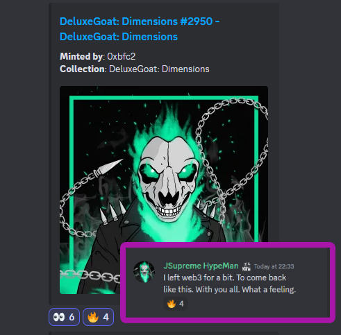 This is what its all about at <a href="/DeluxeGoat/">DELUXEGOAT | SCALPZILLA</a>!
Welcome home, <a href="/JSupreme_NFT/">JSupreme | GMafia</a> 

#DeluxeGoat #GoatTakeover