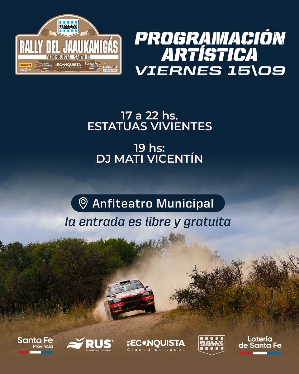 ES HOY! 🏁
El Rally del Jaaukanigás 🦍 levanta bandera en la ciudad de Reconquista y viene de la mano con un hermoso paseo gastronómico, emprendedores, artesanos, y actividades artísticas y musicales los tres días del fin de semana! 
Te dejamos la programación de hoy 👇🏽
