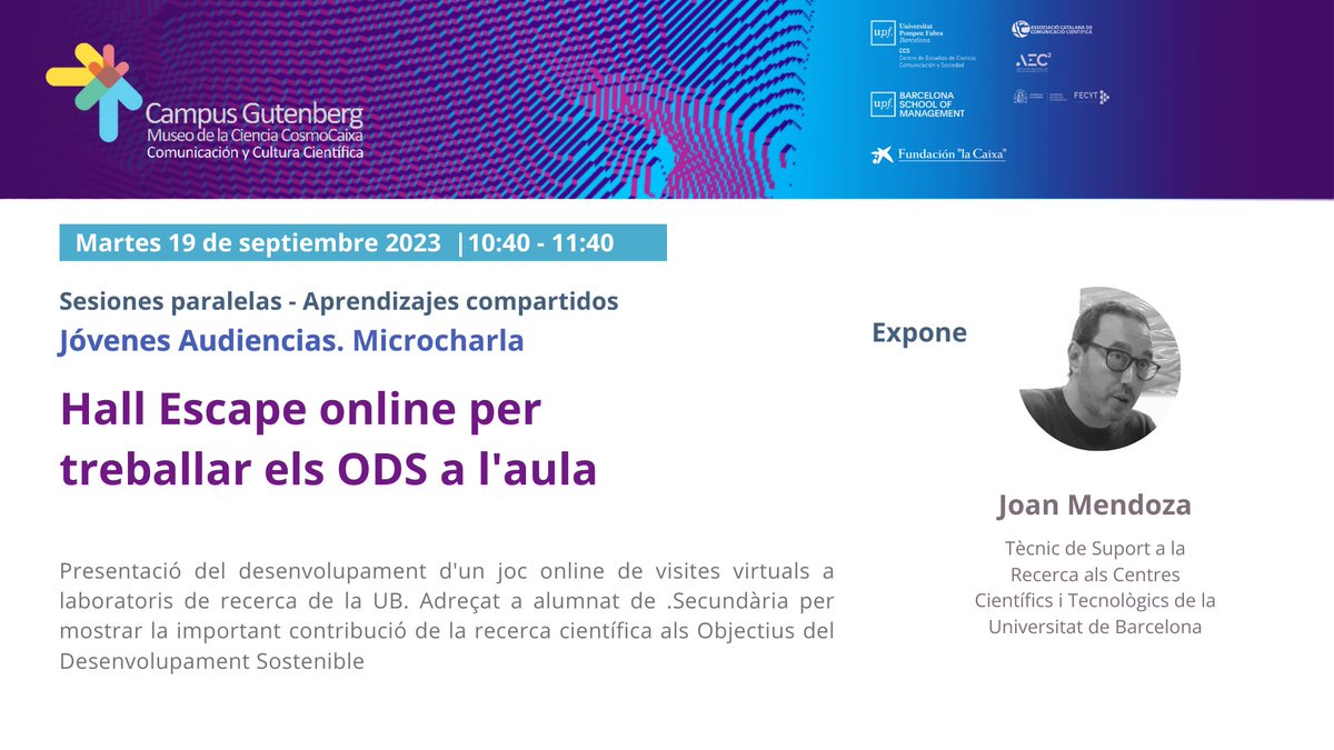 CitecUB's tweet photo. #CSL_ODS @FECYT_Ciencia, present a "XIII jornadas de comunicación y divulgacióncientíficas" #CGutenberg23 @ccupf @UPFBarcelona.

Vine a conèixer el projecte!!👀

🗣️ Hall Escape online per treballar els #ODS a l'aula
🗓️ 19/09 10:40h
👉 https://t.co/8CNDkdPkVN

#ICTSNews #STEAM https://t.co/xszFX7BXH8
