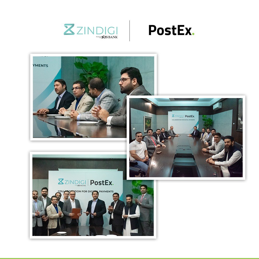 PostEx and @zindigi -powered by @JSBLPak , signed a contract to collaborate for digital payments. Mr. Jawad Mirza (CEO, PostEx Logistics) & Mr. Atif Ishaque (Chief Business Officer, Zindigi) signed the contract, present were Mr. Haaris Anwar (Head of Business and Partnerships)