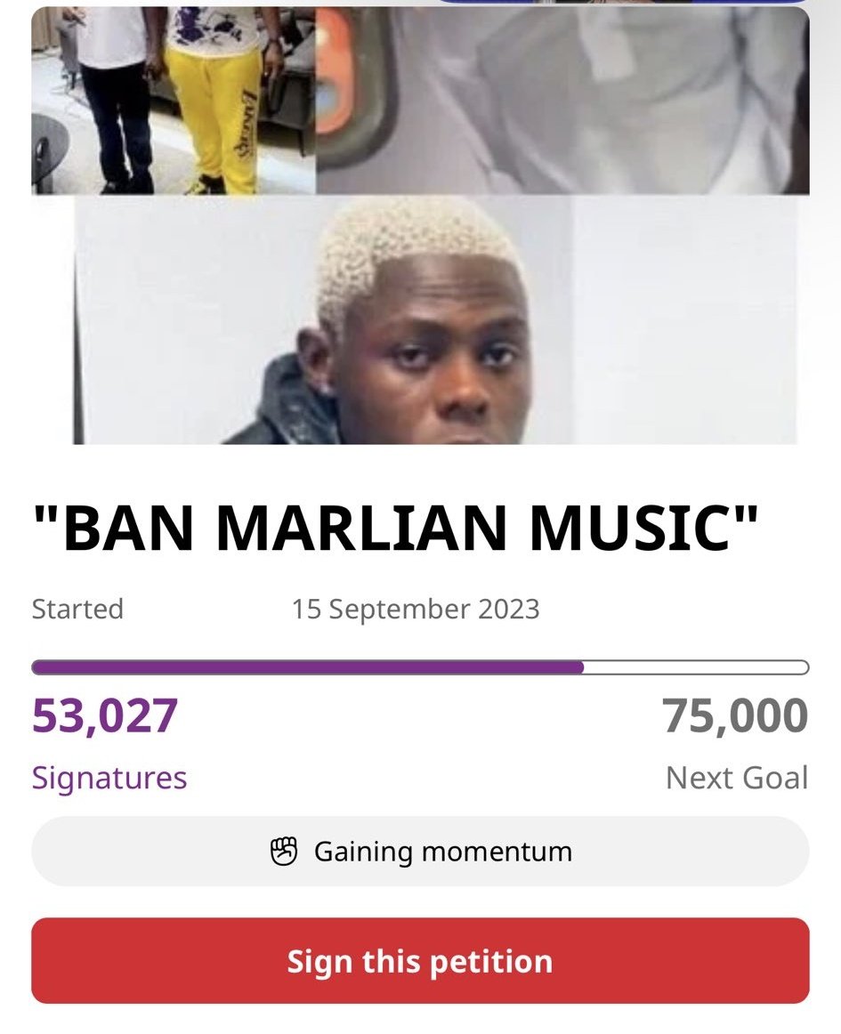 DAMIADENUGA's tweet photo. A petition to ban marlian music currently has over 50,000 signatures. https://t.co/aaxaws03QT