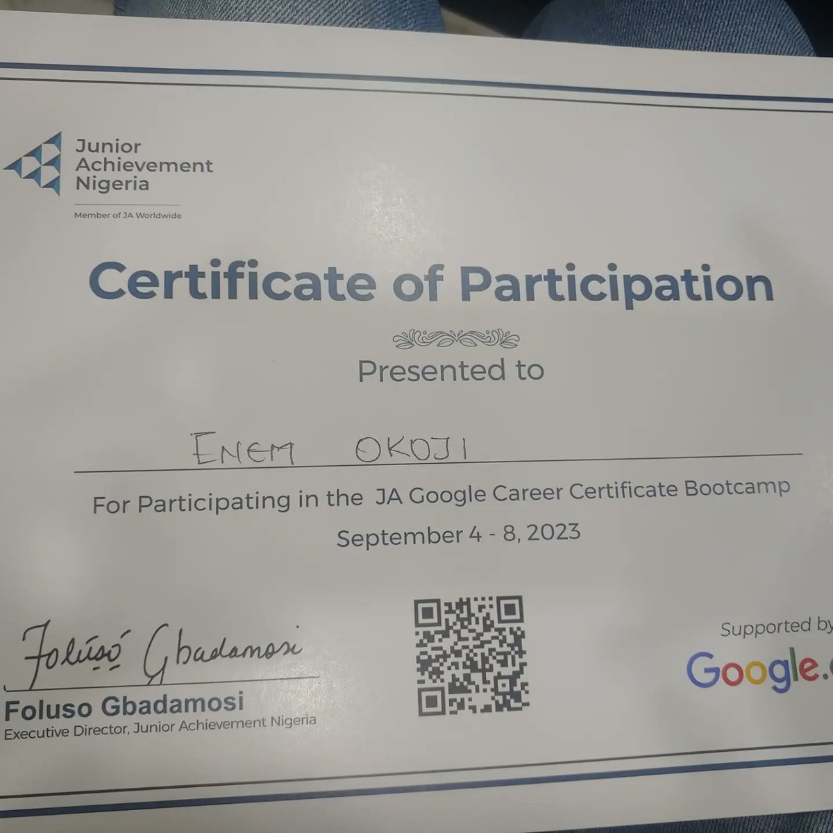 I want to use this medium to thank @JANigeria for the great opportunity they have given to me. The one week program that happened from 4th to 8th september has led me to receive my certification in Google UX Design. 
I am grateful