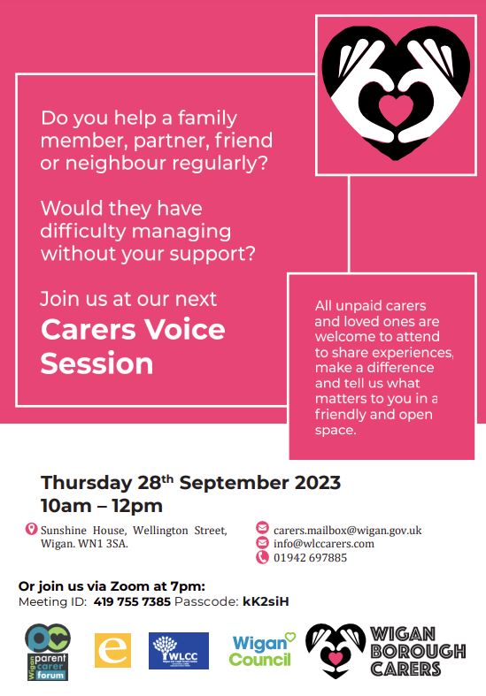 📢Calling all carers - please join us and tell us what matters to you! 📅Thursday 28th September, 10 am Wigan Borough Carer Voice Session @SunshineWigan, Wellington St, Wigan WN1 3SA Zoom at 7pm- Meeting ID: 419 755 7385 Passcode: kK2siH