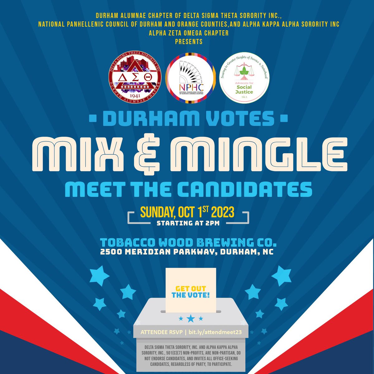#NPHCDOCommunity | Join us for our Durham Votes Candidate Mix &amp; Mingle Sunday, October 1, 2023, from 2-4 pm. RSVP: bit.ly/meetrsvp2. Candidates can RSVP here: bit.ly/meetrsvp23. For further details, please reach out via email to NPHCDO@gmail.com.