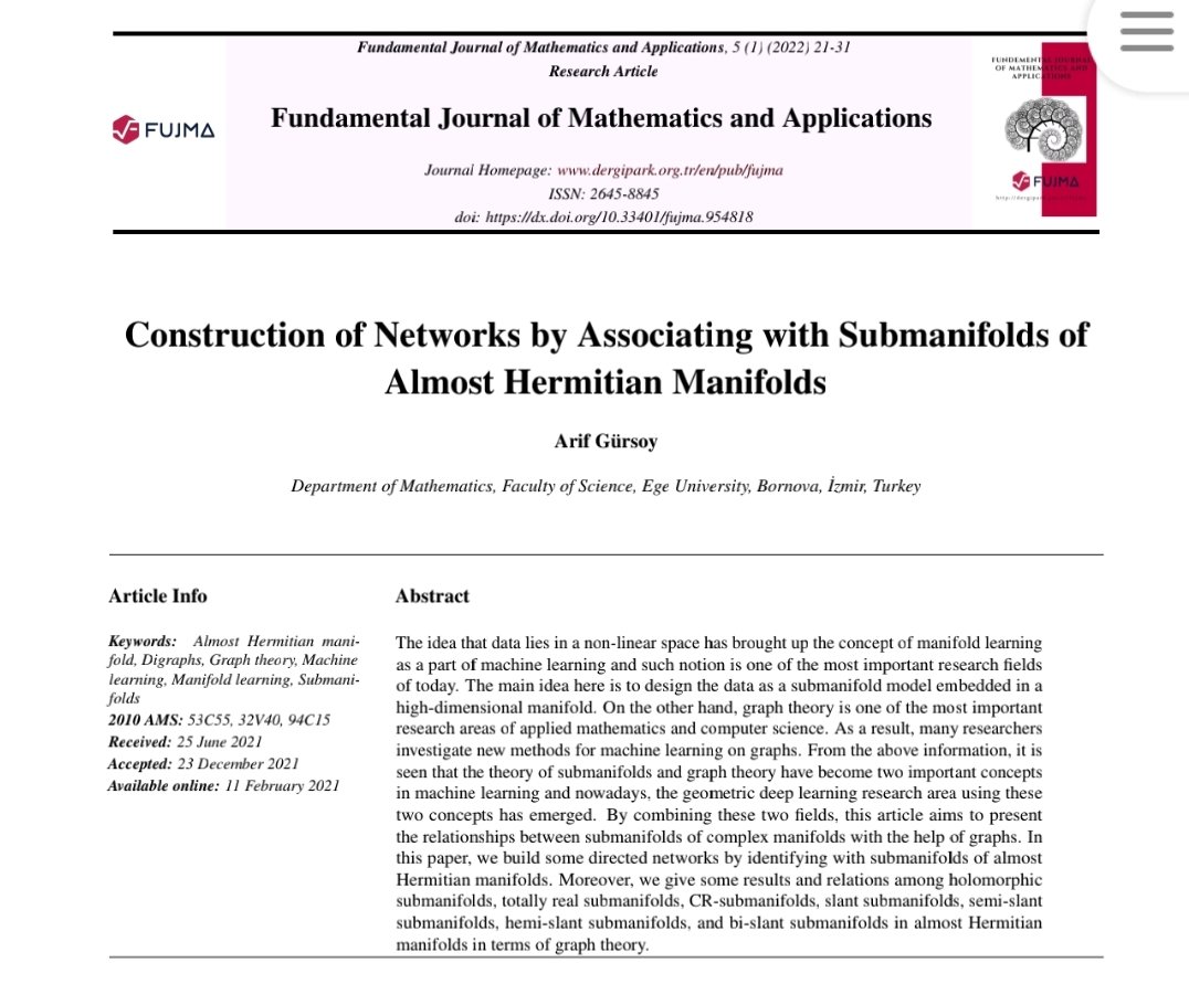 journalfujma's tweet photo. 📚🔬 Call for Reading! 

 Construction of Networks by Associating with Submanifolds of Almost Hermitian Manifolds 🧪📊 

Check out the research @https://dergipark.org.tr/en/pub/fujma/issue/68322/954818
@fusta1707 https://t.co/hJchnG6zi5