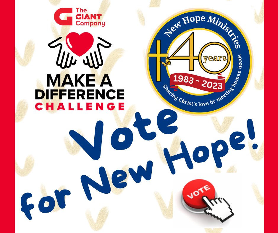 Today kicks off The GIANT Company’s Make a Difference Challenge voting period and we need your vote! New Hope Ministries is a FINALIST!! Vote now through October 2, at go.giantfoodstores.com/make-a-differe…! With your support, we can Feed the Future!