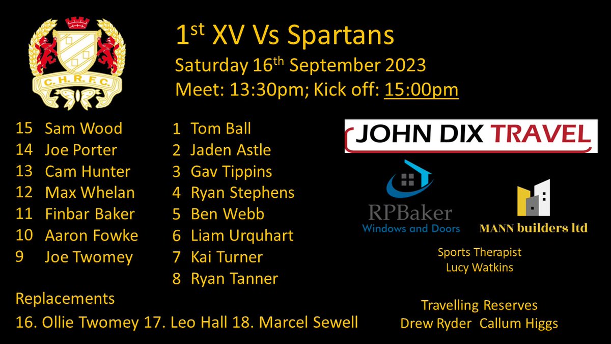 **TEAM NEWS**

Here is our 1st XV for tomorrow's game at home to Spartans