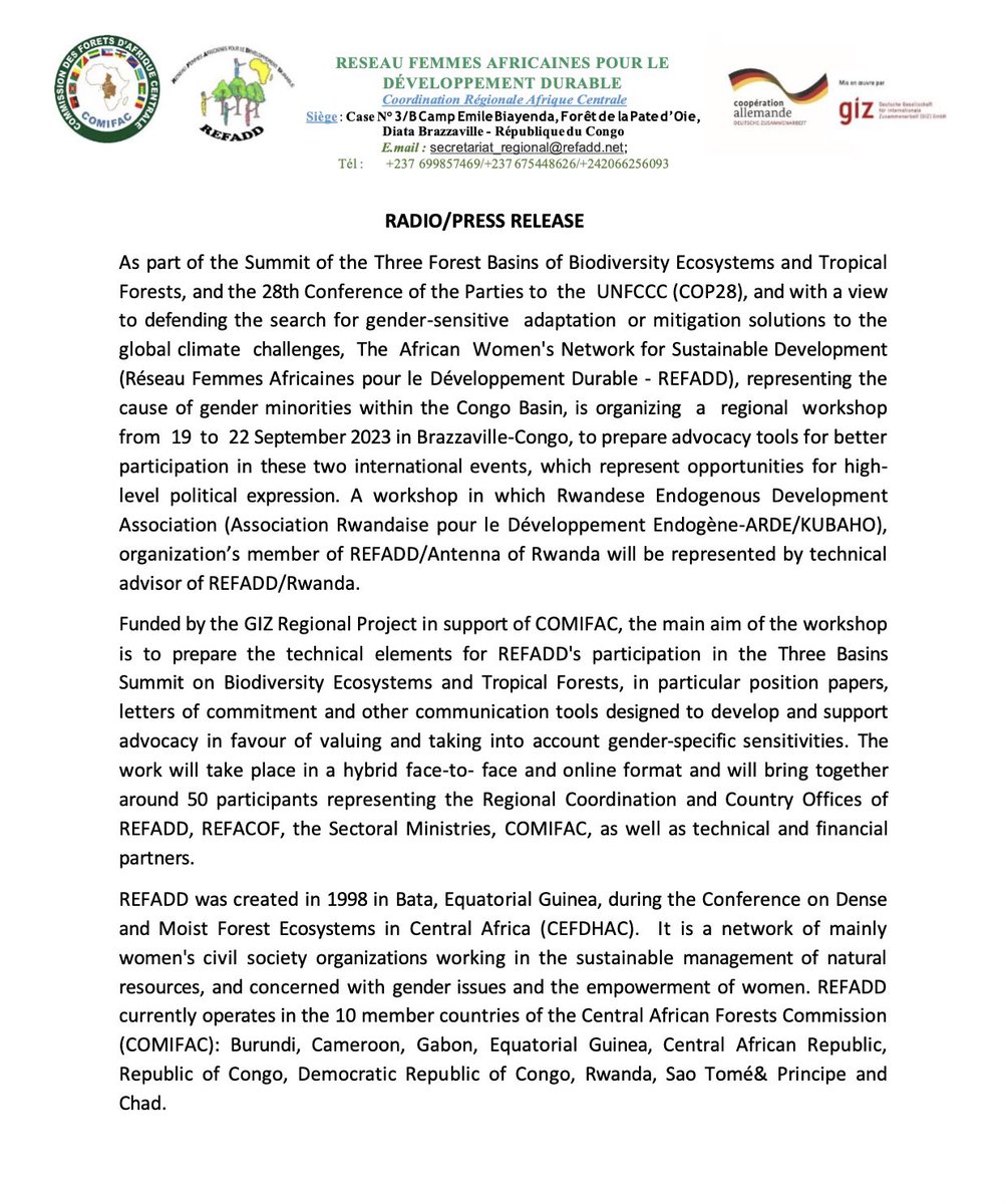 ardekubaho_rw's tweet photo. COMMUNIQUÉ/PRESS RELEASE
#REFADD | @COMIFACINFO | @giz_gmbh | @REFACOF | #CEFDHAC | @UNFCCCwebcast | @terrafund | https://t.co/ffMMjLoI9u