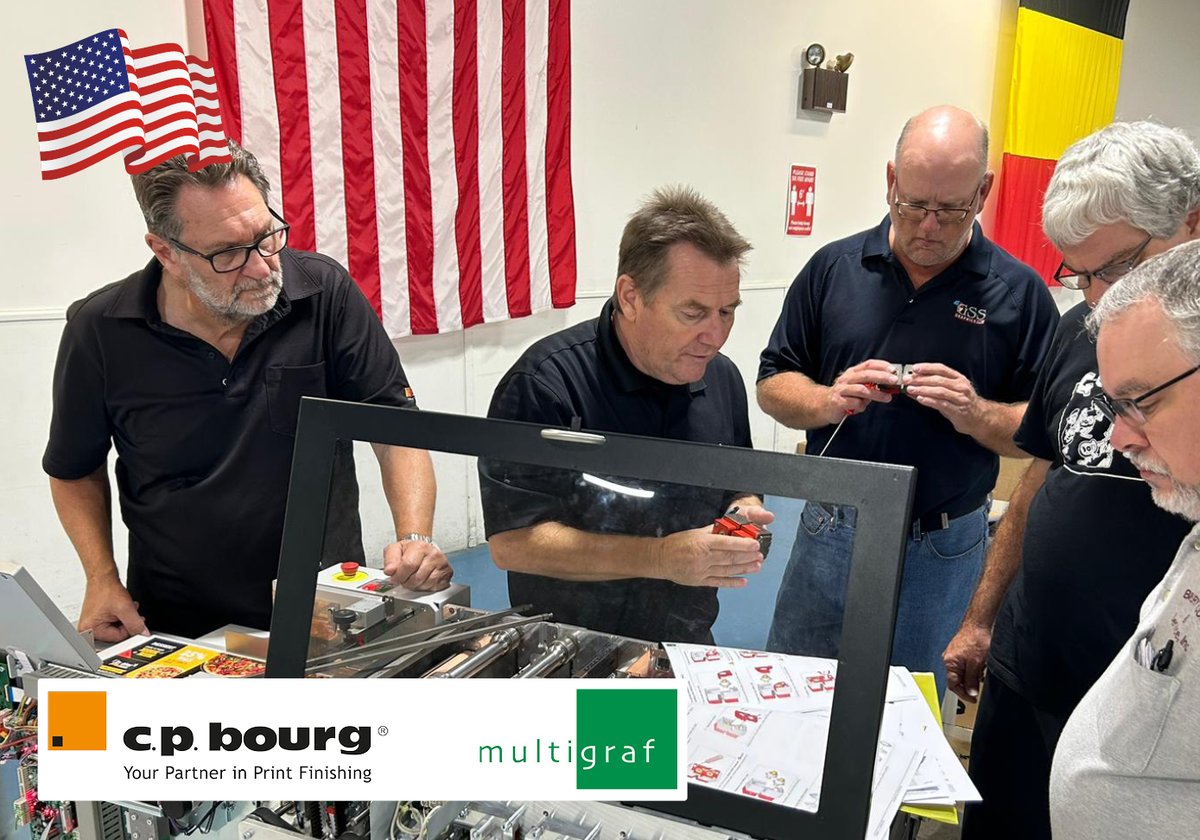 multigraf_swiss's tweet photo. Partners from different regions in the States 🇺🇲 attended the #training week for the #Multigraf  machines, especially the new #Multifinisher CPC375 XPRO. We would like to thank again for the intensive exchange &amp; the pleasant cooperation. 
#cpbourgusa #usa #touchline #swissmade🇨🇭 https://t.co/SXmhTUJpsA
