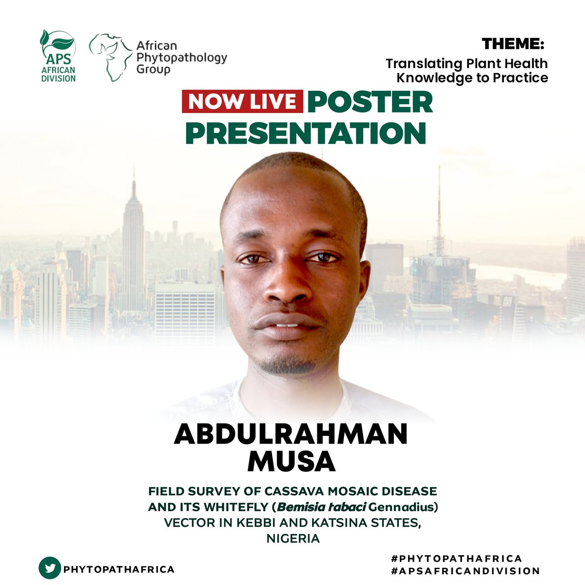 MUSA is now LIVE for his poster presentation
<a href="/plantdisease/">The American Phytopathological Society</a> <a href="/LandbouLisa/">Lisa Rothmann</a>
<a href="/LourenaArone/">Lourena Arone Maxwell</a> <a href="/shabintiyusuf/">Dr. Shahasi Y. Athman🇰🇪🇺🇬</a> <a href="/RuthFestus4/">Ruth Festus</a> <a href="/nov1873/">Olufemi J. Alabi</a> <a href="/smallowa/">Sally Mallowa</a> <a href="/FaithABankole/">Faith Ayobami Bankole</a> <a href="/rauwane_m/">Molemi Rauwane</a> <a href="/Ebunajobiewe/">Ebunoluwa Ajobiewe MSc.</a> <a href="/Dr_WardatouB/">Dr. Wardatou Boukari</a> <a href="/moyo_plantpath/">Lindani Moyo</a> <a href="/Temmykeji/">Nightingale</a> #APSAFRICANDIVISION