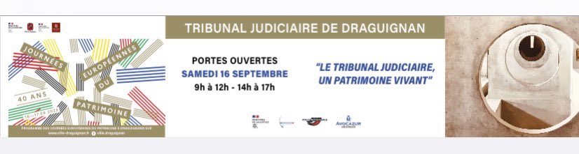 Le <a href="/TJDraguignan/">Tribunal judiciaire de Draguignan ⚖️</a> ouvre ses portes au public pour les <a href="/JEP/">Journéesdupatrimoine</a> le samedi 16 septembre 2023 de 9h à 12h et de 14h à 17h.

Venez nombreux !

Le programme en détail ⬇️