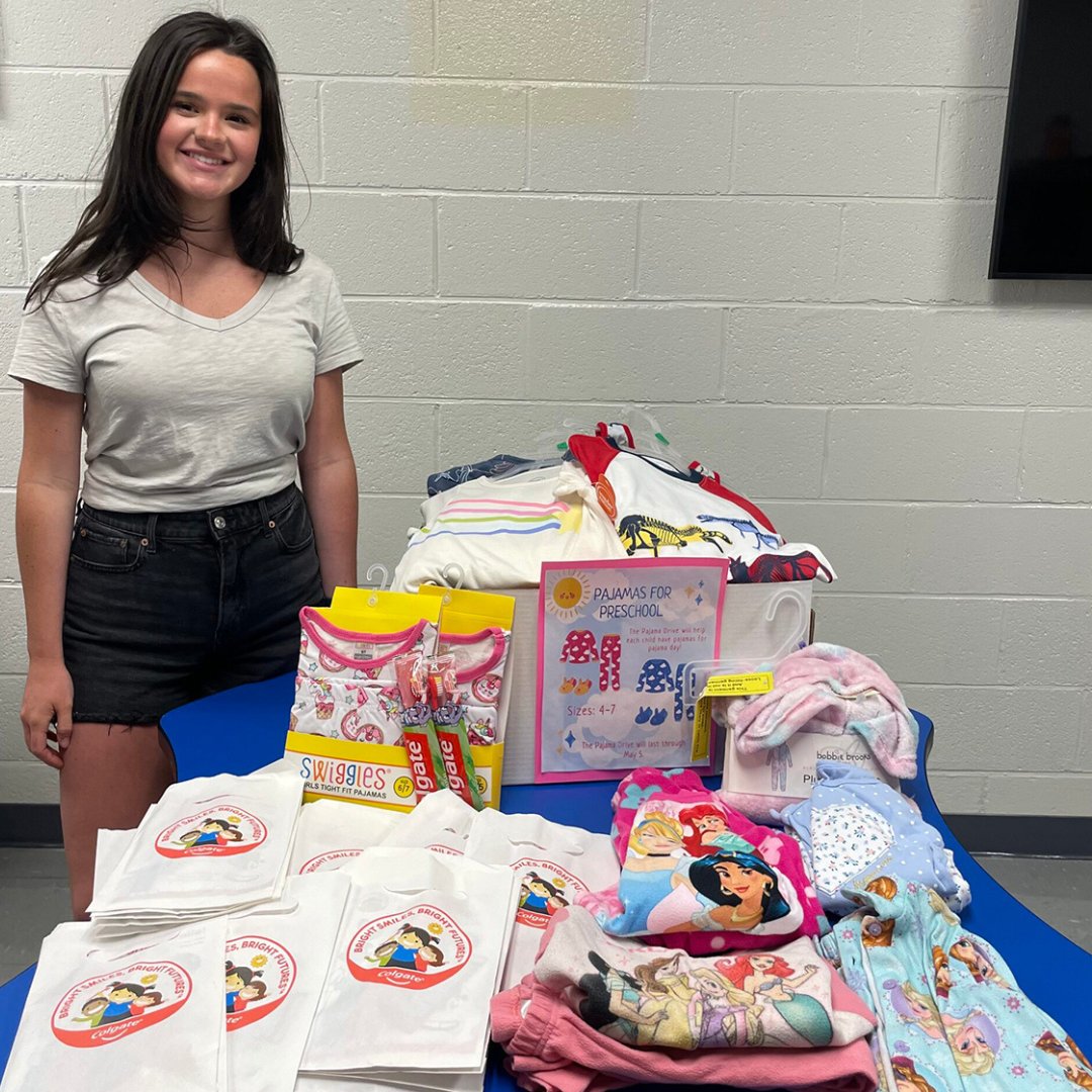 On Pajama Day at South Irvine Early Learning Center, 2022 Rogers Scholar and Estill County High School student Hannah Hall noticed some students did not have pajamas or their pajamas were too small. Hannah decided to organize a pajama drive for her community service project.