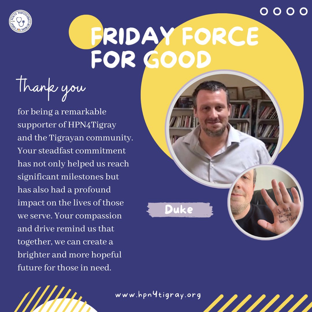 HPN4Tigray's tweet photo. Today's #FridayForce4Good spotlight shines brightly on the incredible @BurbridgeDuke, whose extraordinary support for #HPN4Tigray solidifies him as a true champion for our cause and the people of Tigray. Thank you for being an integral part of serving those in need.🙏🏾 https://t.co/fj3W2GhpDV