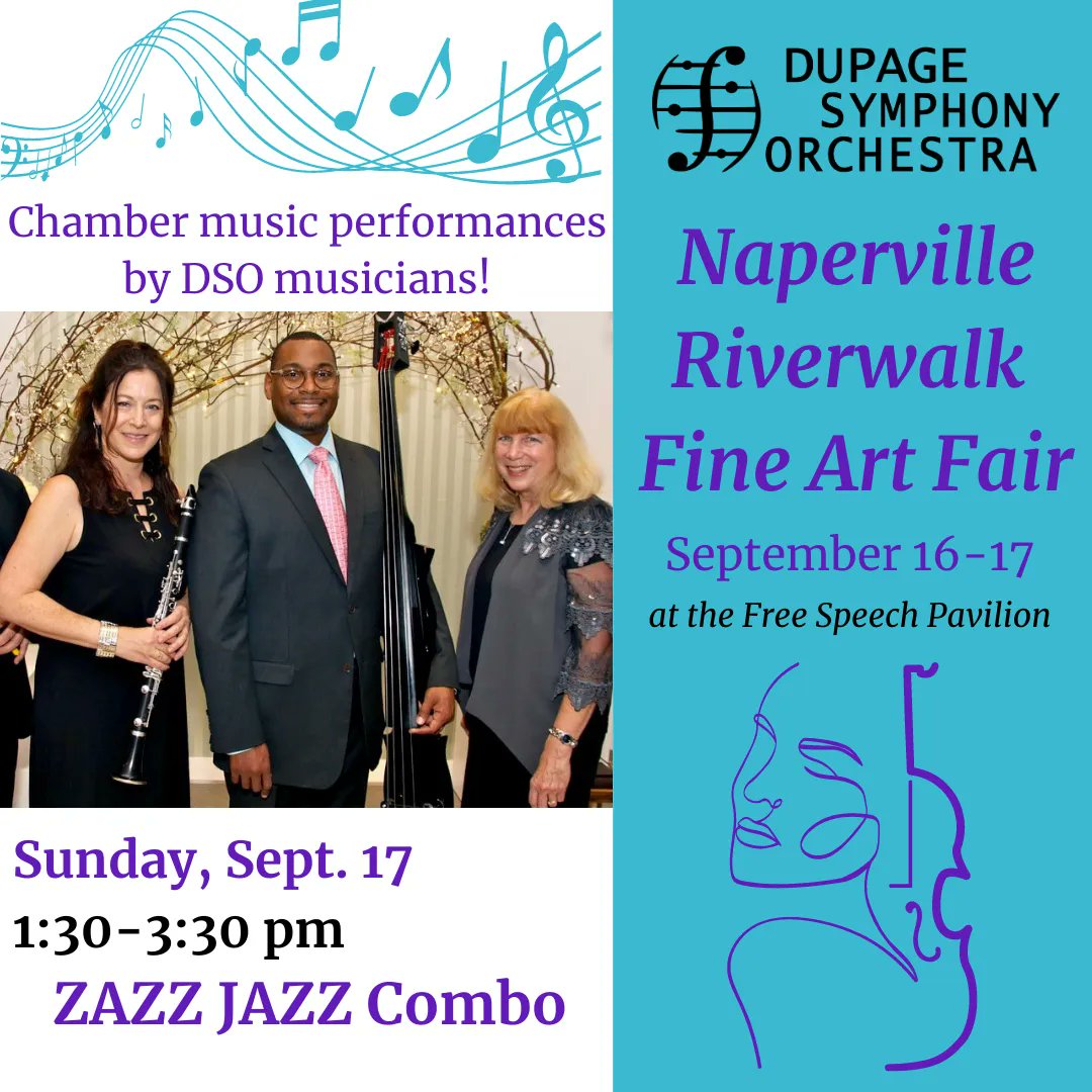 Don't miss the ZAZZ Jazz Trio on Sunday, September 17! They will be performing at the Naperville Riverwalk Fine Art Fair from 1:30-3:30 PM at the Free Speech Pavilion. 

Learn more about ZAZZ at their website: zazzjazzcombo.com/home 

#DSOAboveandBeyond #dupagesymphonyorchestra